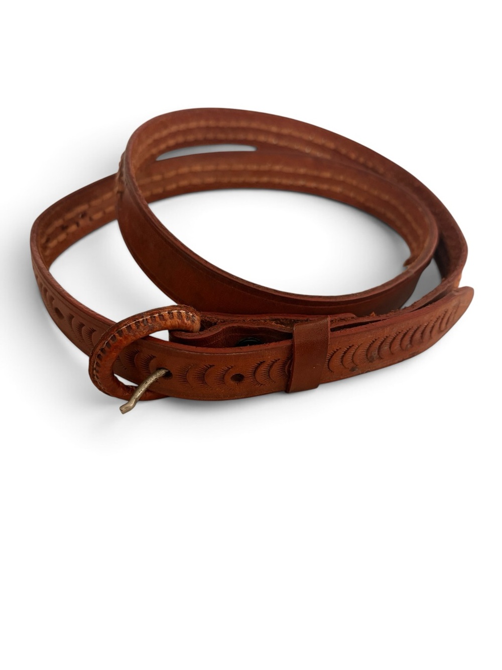Vintage Genuine Leather Brown Belt - Embossed, Woven with Leather Cord- Size M